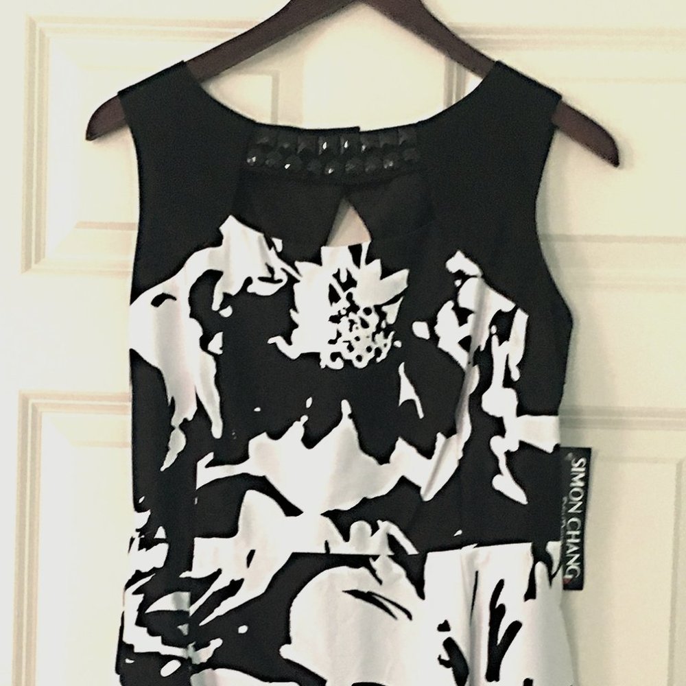 Simon Change, Graphic Black and White, Summer Cocktail Dress, neckline cutaway